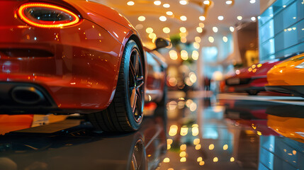 A shiny red sports car stands out in a bright showroom with blurred lights reflecting off its...