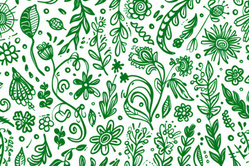 A playful and bright doodle-inspired seamless pattern with green floral and leaf designs, great for a fresh and fun background