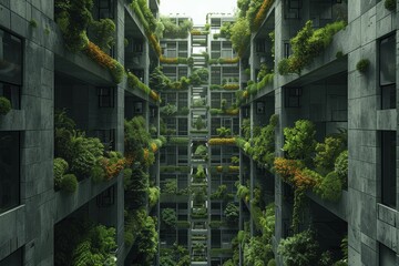 In the bustling city center, a harmonious display emerges as crops thrive in perfectly balanced tiers of an urban vertical farm. - obrazy, fototapety, plakaty