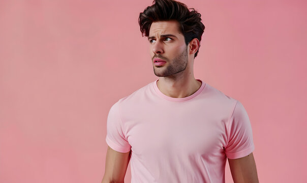 handsome man wearing T-shirts mockup empty in pink t shirt
