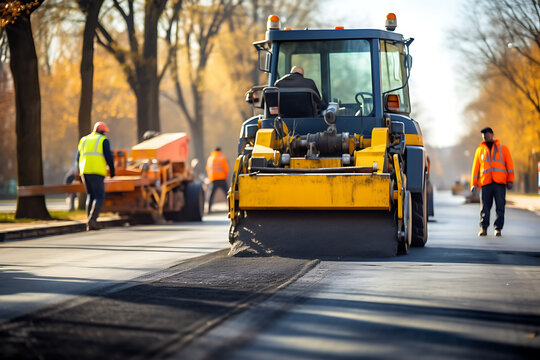 Road roller machine is carrying out asphalting of road construction. Generative ai
