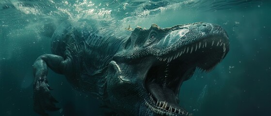 Detailed shot of a Mosasaurus in maritime ventures, emphasizing its dominance in aquatic business operations, suitable for maritime industry themes
