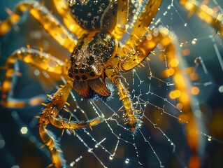 Detailed shot of a spider weaving its web, highlighting the intricate patterns and morning dew drops, suitable for nature documentaries
