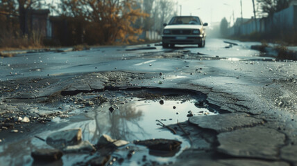 Potholed road narrates a tale of urban decay and neglected infrastructure under cloudy skies.