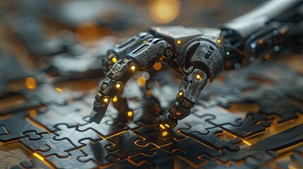 focused view of a robotic hand solving a puzzle, demonstrating AI learning and problem solving capabilities. - obrazy, fototapety, plakaty