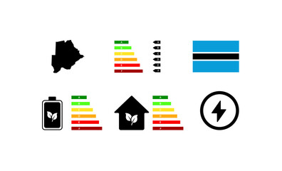 Indicators of life in Botswana. Outline map, green energy, house letter rating. National flag of Botswana. Flat vector icons