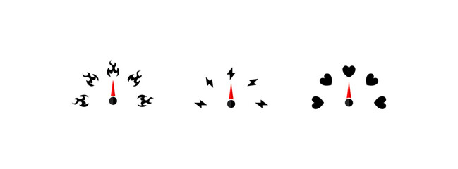 Speedometer fire, lightning and love icons. Flat style. Vector icons