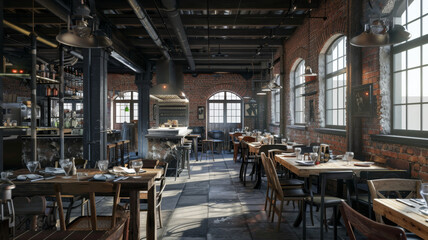 Fototapeta na wymiar Cozy industrial-chic restaurant boasting exposed brick walls and inviting dining setup.