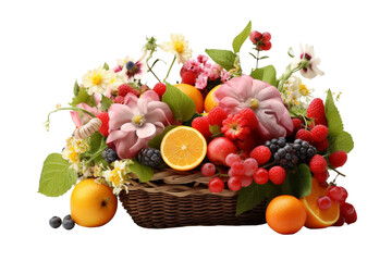 Basket Filled With Fruit and Flowers. On a White or Clear Surface PNG Transparent Background.