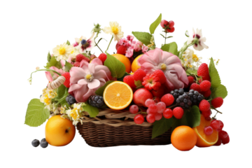 Basket Filled With Fruit and Flowers. On a White or Clear Surface PNG Transparent Background.