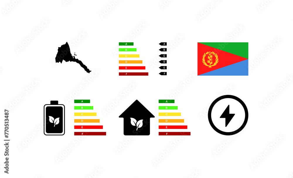 Poster indicators of life in eritrea. outline map, green energy, house letter rating. national flag of erit