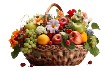 Basket Filled With a Variety of Fresh Fruit. On a White or Clear Surface PNG Transparent Background.