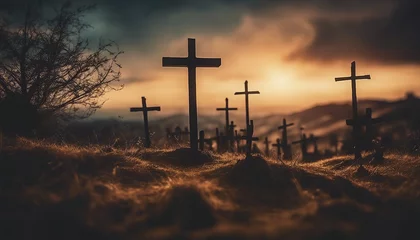Fotobehang Silhouetted crosses adorn the hill as the vibrant sky fades into sunset hues with scattered clouds. © Marlon