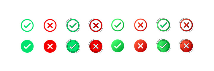 Checkmark and cross icons set. Tick and cross set. Flat style. Vector icons