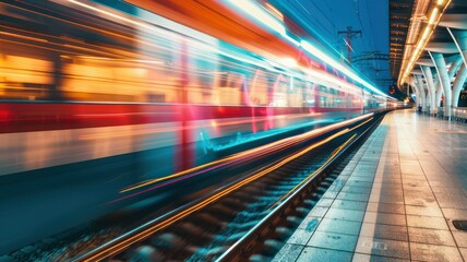 Fototapeta na wymiar Fast train with light lines symbolizing speed created with Generative AI