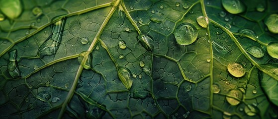 Extreme closeup of a leafs surface, showing the vein patterns and tiny water droplets, suitable for botanical studies - obrazy, fototapety, plakaty