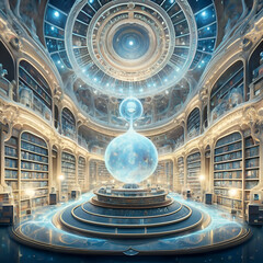 Obraz premium virtual view of golden-blue Akashi library extraterrestrial magical space. knowledge mystery concept. Ai generated.