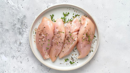 Fresh raw chicken breasts seasoned with pepper and herbs on a white plate.