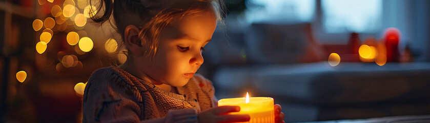 Young girl holds candle pot, illuminating darkness with enchanting bokeh in background, creating a magical ambiance. - obrazy, fototapety, plakaty