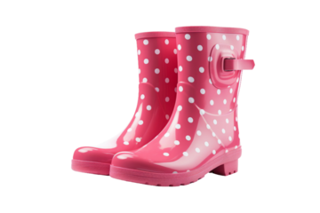 Stylish Pink Rain Boots With White Polka Dots. On a White or Clear Surface PNG Transparent Background.