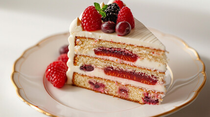 A slice of birthday cake showcasing a delightful surprise filling of fresh fruit compote.