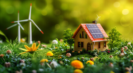 Example of an energy-efficient house with a roof equipped with solar panels. Trees, flowers, and wind turbines around the house. Concept of energy sustainability and nature ecology.
