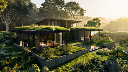 Modern eco-friendly house with green rooftop garden in a lush forest setting. - obrazy, fototapety, plakaty
