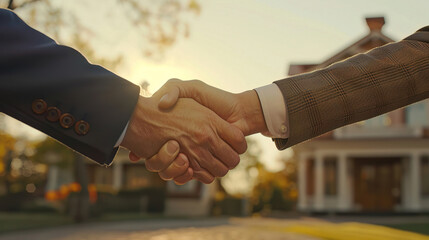Handshake between a real estate agent and client with a new house in the background, symbolizing successful agreement closure - obrazy, fototapety, plakaty