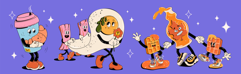 Naklejka premium Retro groovy fast food characters set. Trendy modern style 60s - 70s. Coffee with a croissant, egg with bacon, waffles and maple syrup. Retro vector illustration. Mascots for bar and restaurant.