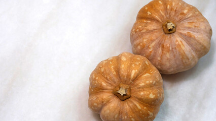 Two small pumpkins with marble background. With copy space on the left.