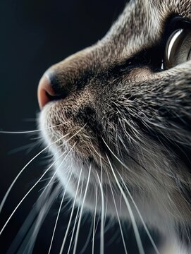 Intimate portrait of a cats whiskers and nose, capturing the fine details and texture, ideal for domestic animal photography