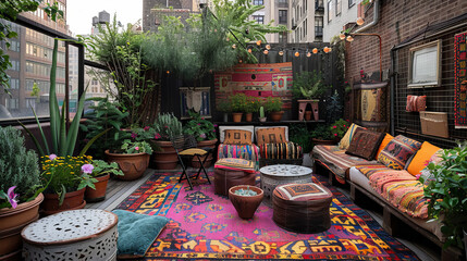 This small balcony features a cozy bohemian style with plenty of potted plants, patterned textiles, and string lights for a warm ambiance