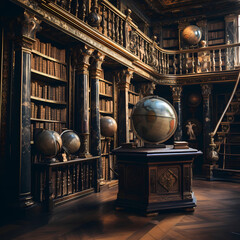 An ancient library with dusty books and antique globes - obrazy, fototapety, plakaty