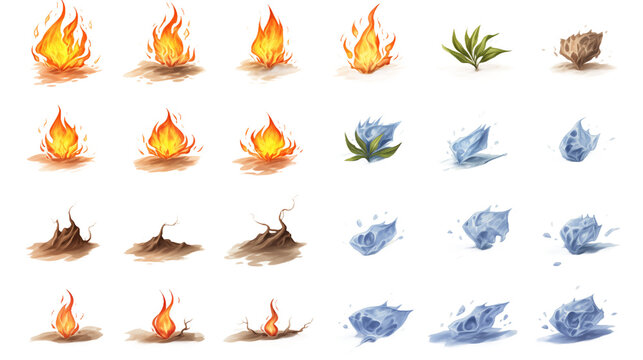 Sprites Illustrating Elemental Concepts of Fire, Earth, and Water