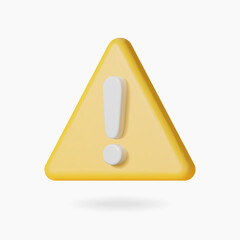 3d warning sign on yellow triangle. Realistic 3d render attention icon. Glossy plastic sign. Vector illustration.