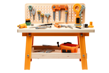 Toy Work Bench With Tools. On a White or Clear Surface PNG Transparent Background.