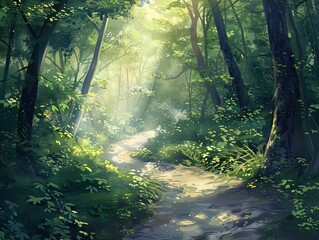 Sunlight filters through a verdant forest, casting a peaceful glow on a serene path