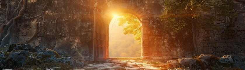 An open gate in an ancient wall, illustrating the opening of new possibilities and pathways in leadership - obrazy, fototapety, plakaty