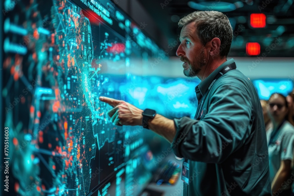 Poster a man pointing at a data display on a wall, surrounded by specialists monitoring the information.