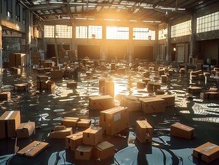 Dawn breaking over a warehouse, its flooded forecourt littered with numerous cardboard parcels afloat, reflecting a disasters aftermath