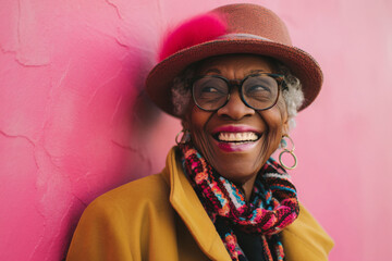 Portrait of an elderly black woman wearing sunglasses against a bright wall on a sunny day.