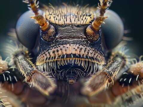 Macro view of a caterpillars face, showcasing the mouthparts and tiny hairs, ideal for entomological research