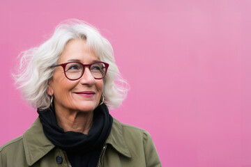 Portrait of an elderly woman wearing eyeglasses against a bright pink wall on a sunny day.