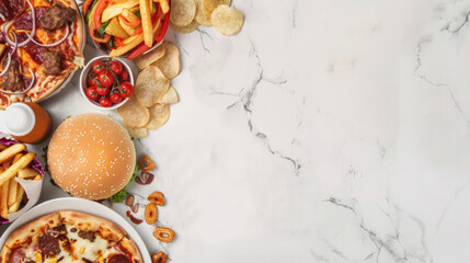 Obraz na płótnie Canvas A white background with a variety of food items including pizza, fries