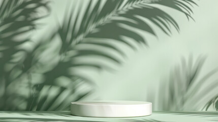 Fototapeta na wymiar A white pedestal with a leafy green background