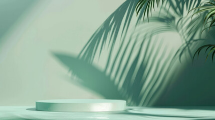 A green wall with a palm tree and a shadow on it