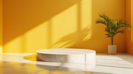 Fototapeta na wymiar A white pedestal with a plant in a pot is in a room with yellow walls