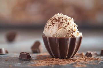 A scoop of rich tiramisu gelato nestled in a delicate chocolate cup.