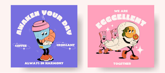  Set of fast food retro posters or cards with walking funny cute comic characters 60s-70s. Lettering illustration for t-shirt print. Mascots for bar and restaurant. Coffee and croissant, egg and bacon