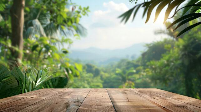 A wooden table with a view of a lush green jungle